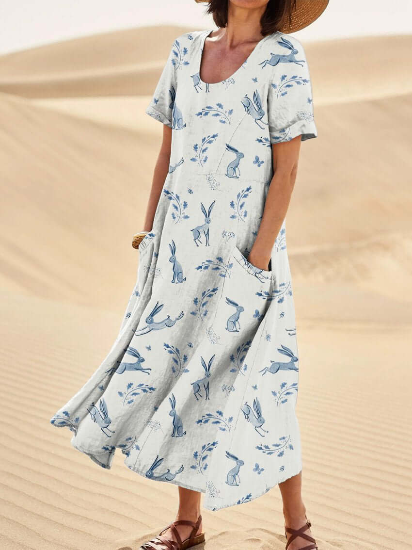Women’s Midi Dress – Relaxed Fit – Short Sleeve – Scoop Neck – Natural Fibers – Printed