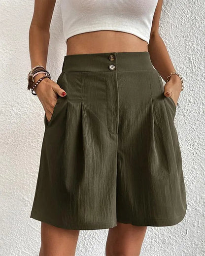 Women's High-Waisted Shorts - Tailored Fit - Front Pleats - Button Closure - With Pockets