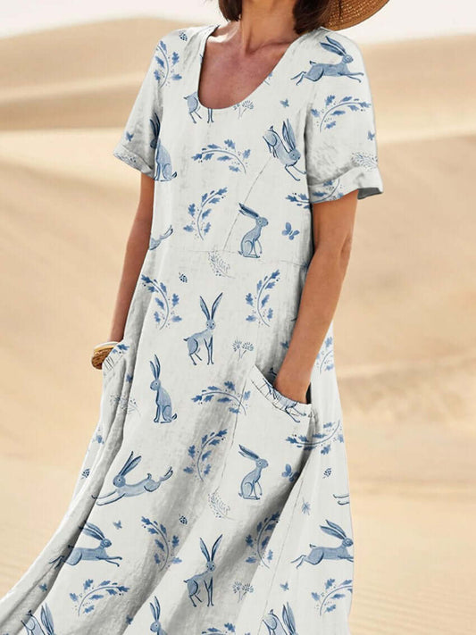 Women’s Midi Dress – Relaxed Fit – Short Sleeve – Scoop Neck – Natural Fibers – Printed