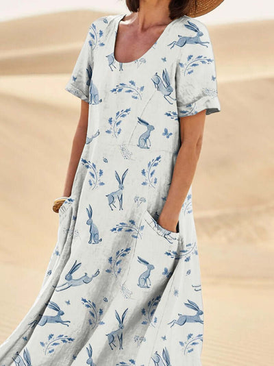 Women’s Midi Dress – Relaxed Fit – Short Sleeve – Scoop Neck – Natural Fibers – Printed