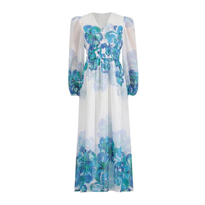 Women’s Midi Dress – V-Neck – Smocked Waist – Long Sleeve – Lightweight Elegant Fit