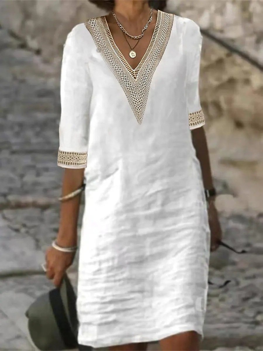 Women's v-neck mid-sleeved cotton and linen casual dress