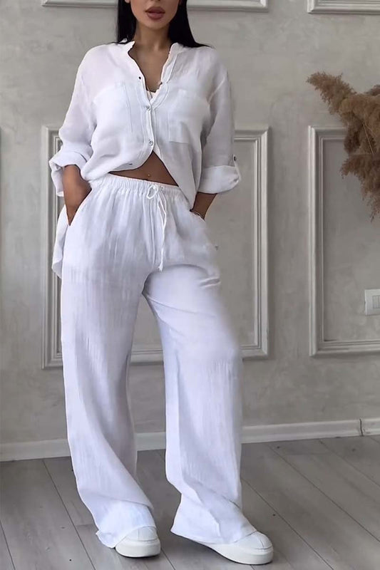 Women's Two-Piece Set - Linen Blend - Button-Up Shirt & Wide-Leg Trousers - Relaxed Fit