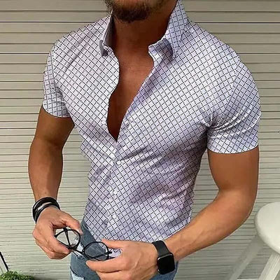 Men’s Short-Sleeve Button-Up Shirt – Slim Fit – Checked Pattern – Spread Collar