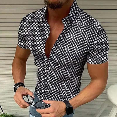 Men’s Short-Sleeve Button-Up Shirt – Slim Fit – Checked Pattern – Spread Collar