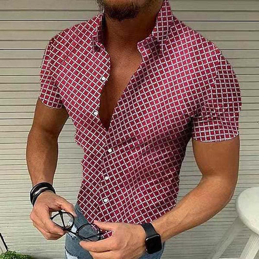 Men’s Short-Sleeve Button-Up Shirt – Slim Fit – Checked Pattern – Spread Collar