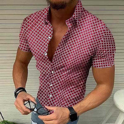 Men’s Short-Sleeve Button-Up Shirt – Slim Fit – Checked Pattern – Spread Collar