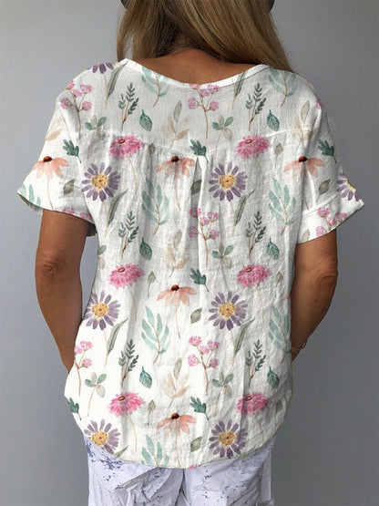 Women's vintage floral art print casual cotton and linen shirt