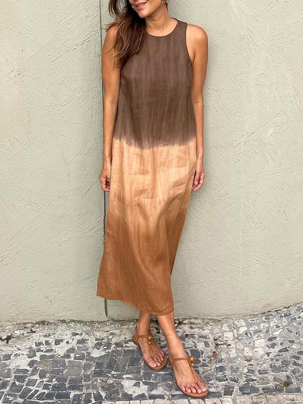 Women’s Midi Dress – Relaxed Fit – Sleeveless – Natural Fibers – Side Slit – Gradient Design