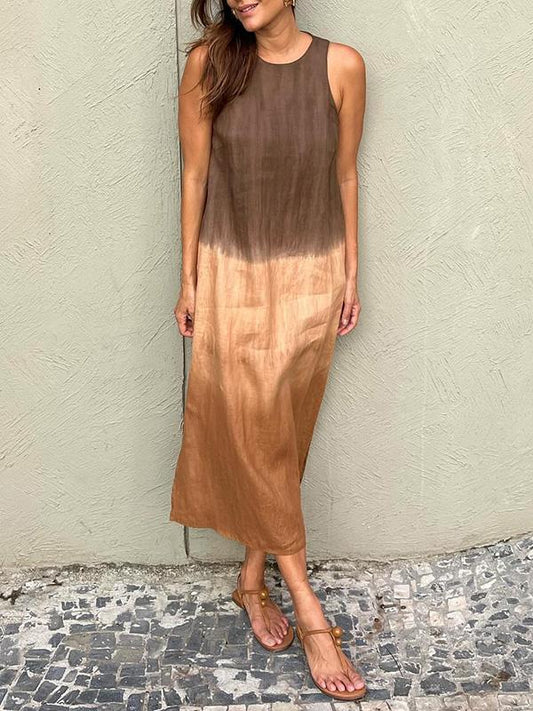 Women’s Midi Dress – Relaxed Fit – Sleeveless – Natural Fibers – Side Slit – Gradient Design