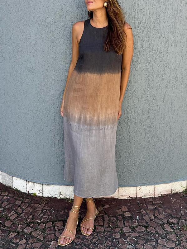 Women’s Midi Dress – Relaxed Fit – Sleeveless – Natural Fibers – Side Slit – Gradient Design