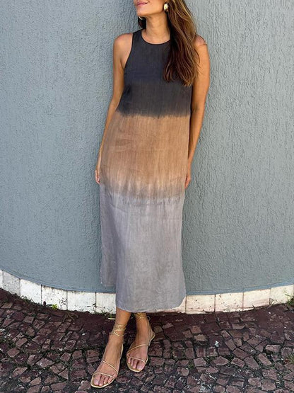Women’s Midi Dress – Relaxed Fit – Sleeveless – Natural Fibers – Side Slit – Gradient Design