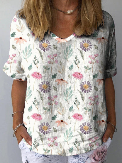 Women's vintage floral art print casual cotton and linen shirt