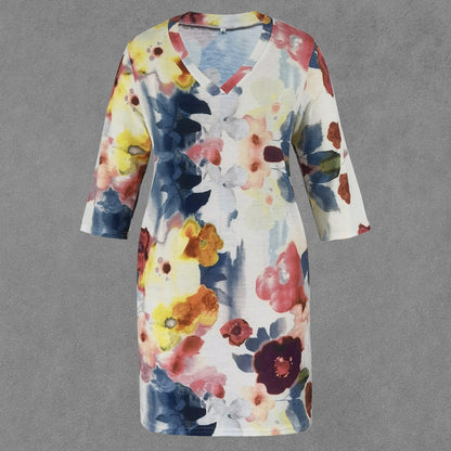 Floral Midi Dress with Watercolor Print, Lightweight Fabric, and Elegant Sleeve Design