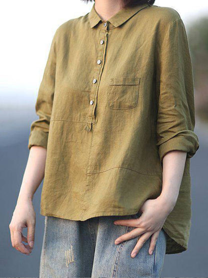 Women's lapel neck casual solid colour cotton and linen long sleeve shirt