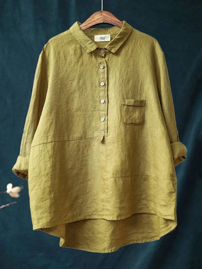 Women's lapel neck casual solid colour cotton and linen long sleeve shirt