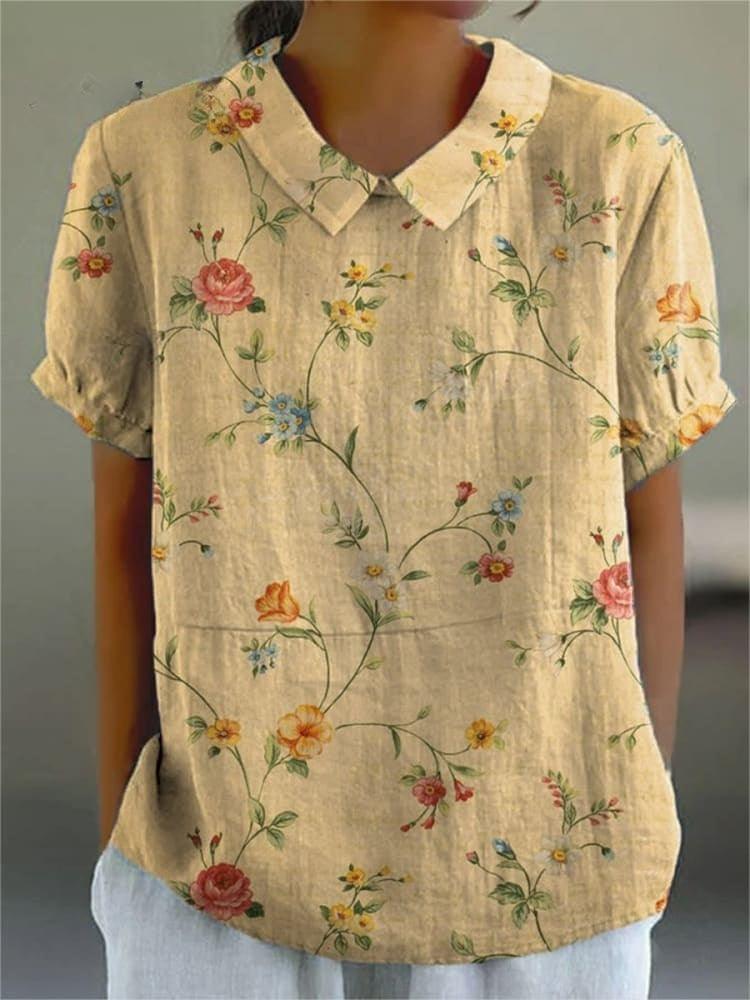 Women's Cotton-Linen Retro Floral Print Shirt