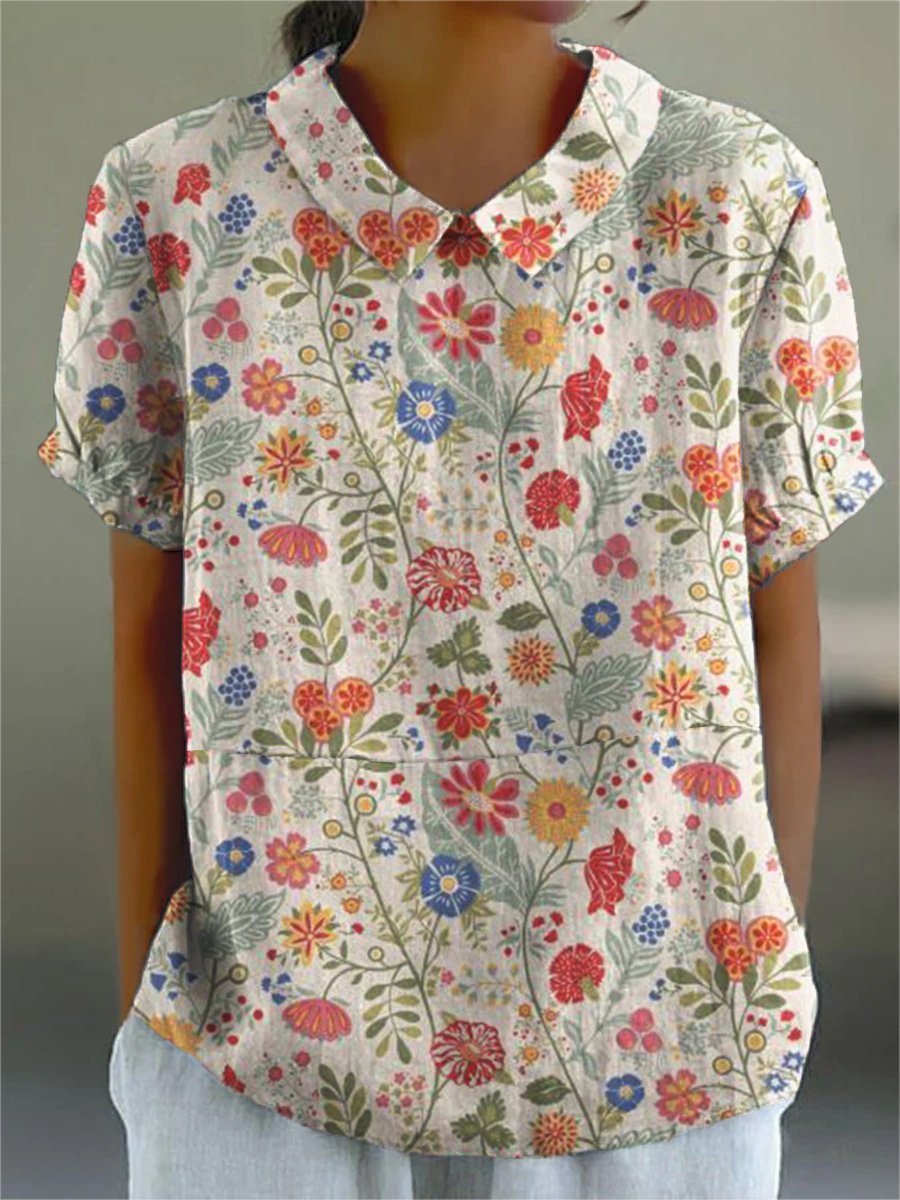 Women's pastoral floral art print casual cotton and linen shirt