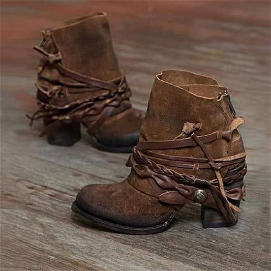 Women’s Ankle Boots – Leather Western Style – Block Heel – Strap Detail – Round Toe