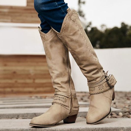 Women’s Tall Boots – Suede-Like Finish – Embroidered Shaft – Buckle Strap Decor