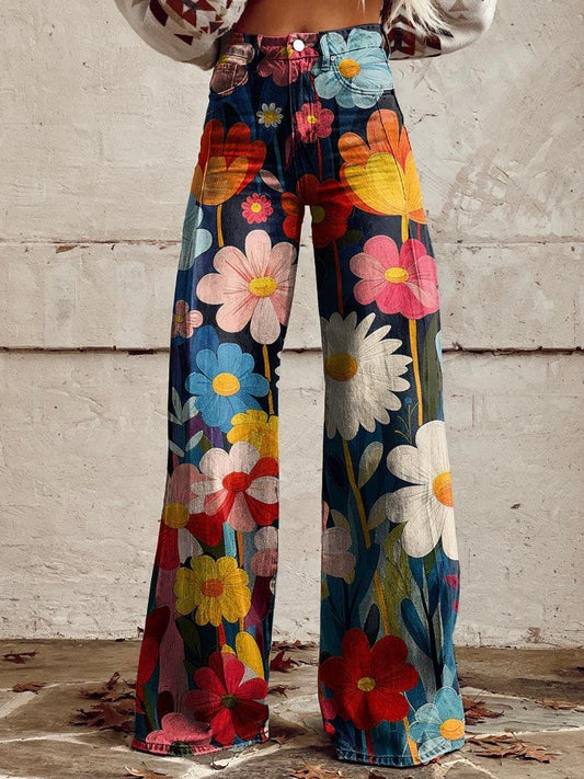 Women's Wide-Leg Jeans - High-Waisted - Floral Print - Retro Boho Style