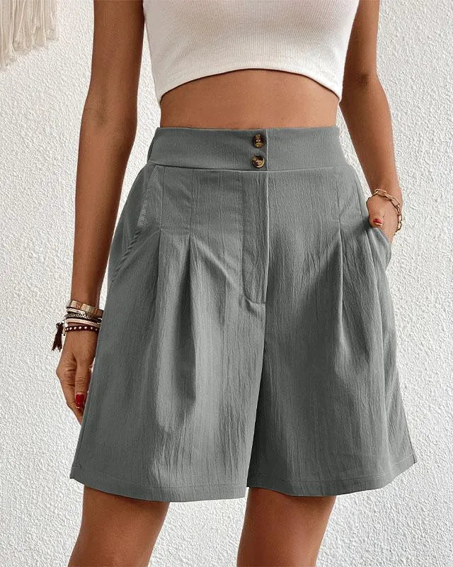 Women's High-Waisted Shorts - Tailored Fit - Front Pleats - Button Closure - With Pockets