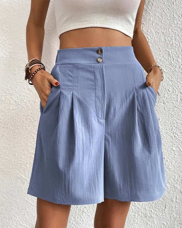 Women's High-Waisted Shorts - Tailored Fit - Front Pleats - Button Closure - With Pockets