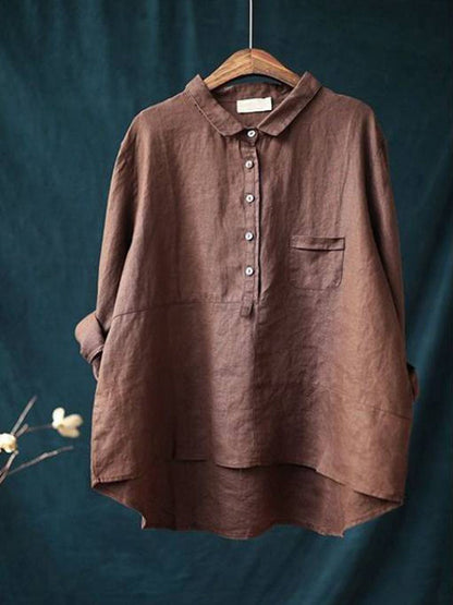 Women's lapel neck casual solid colour cotton and linen long sleeve shirt