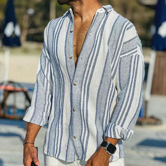 Men’s Casual Shirt – Relaxed Fit – Vertical Stripes – Natural Fibers – Button Front