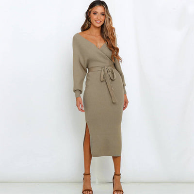 Women's Knit Midi Dress - Wrap V-Neck - Long Sleeve - Waist Tie - Fitted Silhouette