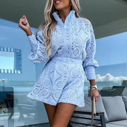 Casual long sleeve top and shorts set for women