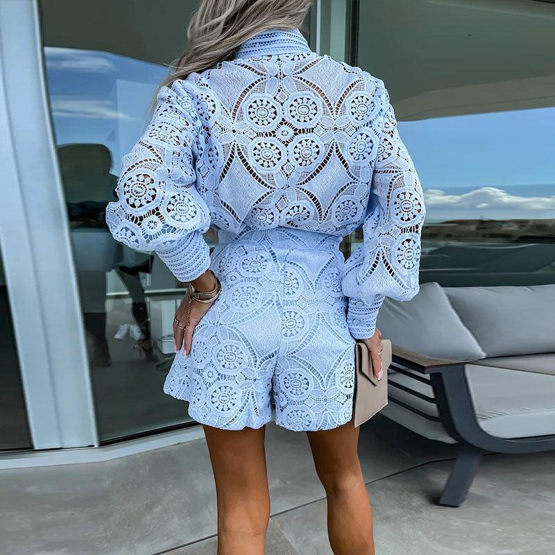 Casual long sleeve top and shorts set for women