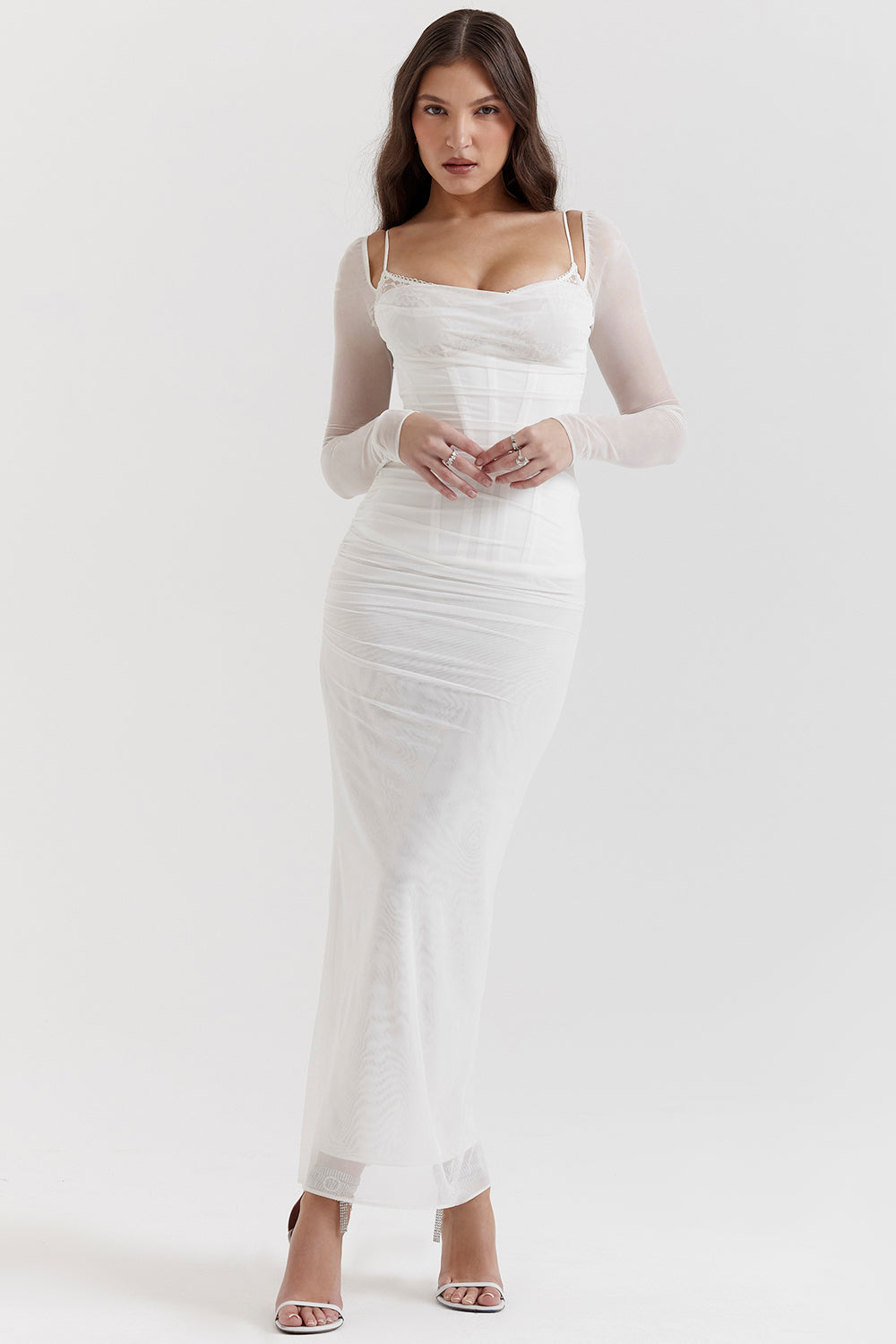 Women’s Maxi Dress – Bodycon Fit – Lace Neckline – Long Sleeve – Ruched Bodice