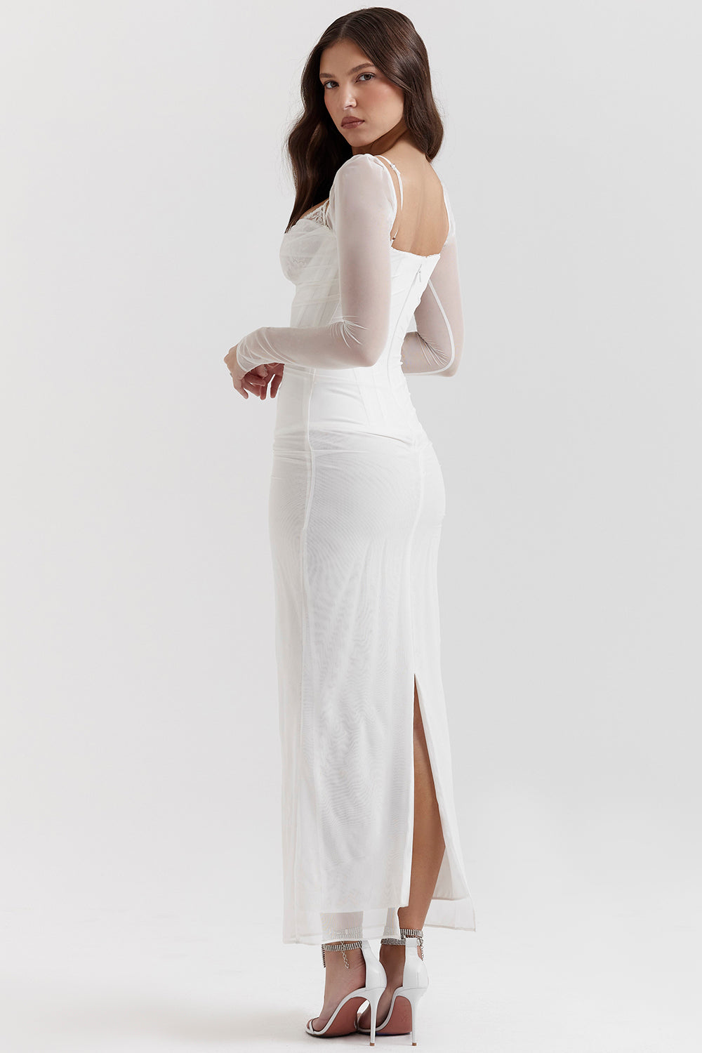Women’s Maxi Dress – Bodycon Fit – Lace Neckline – Long Sleeve – Ruched Bodice