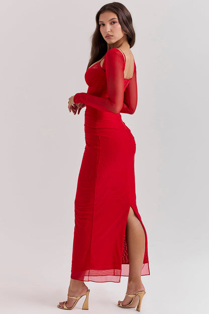 Women’s Maxi Dress – Bodycon Fit – Lace Neckline – Long Sleeve – Ruched Bodice