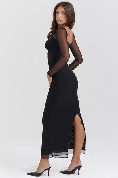 Women’s Maxi Dress – Bodycon Fit – Lace Neckline – Long Sleeve – Ruched Bodice