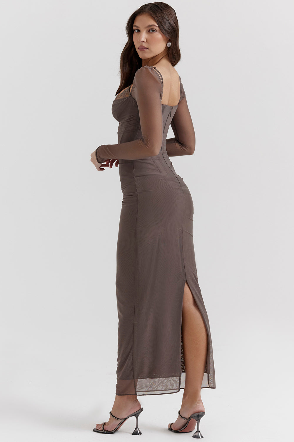 Women’s Maxi Dress – Bodycon Fit – Lace Neckline – Long Sleeve – Ruched Bodice
