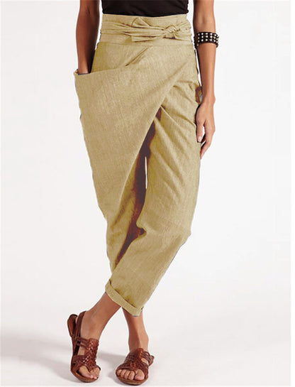Women’s Trousers – Asymmetrical Wrap Design – High Waist – Relaxed Fit – Natural Fibers