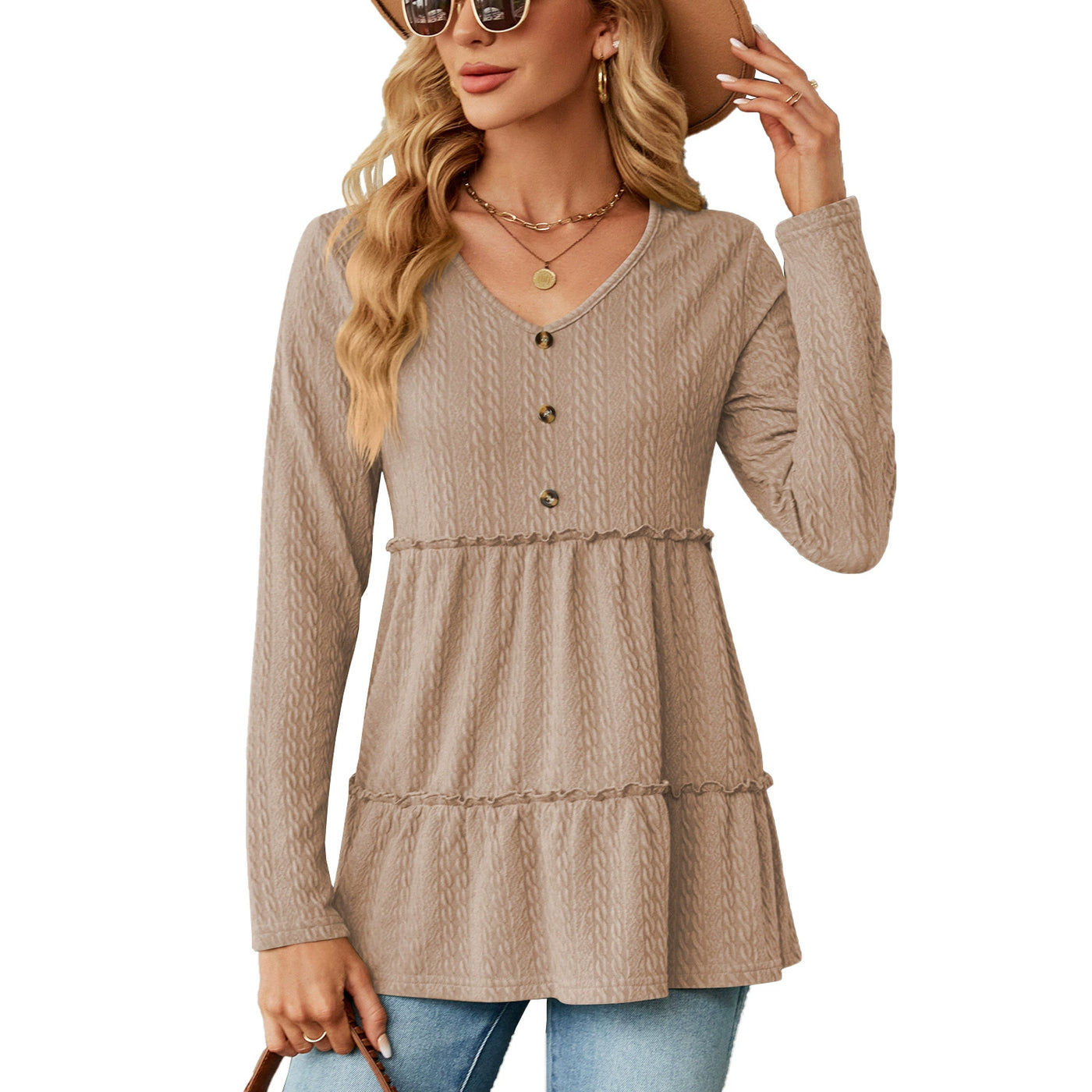 Women's casual solid color V-neck top