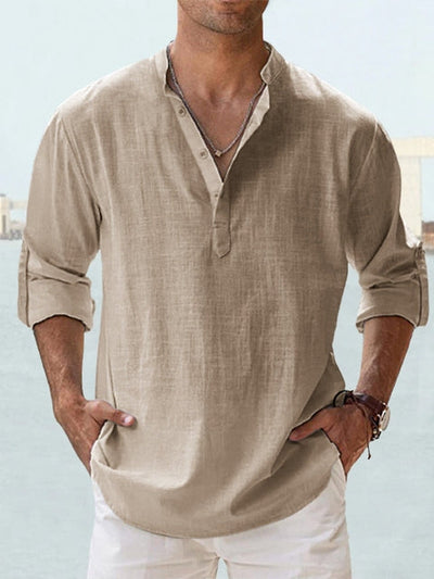 Men’s Henley Shirt - Breathable Cotton Linen - Relaxed Fit - Long Sleeve Band Collar