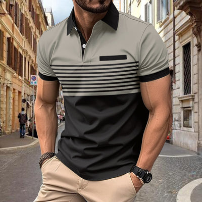 Men's Polo Shirt - Slim Fit - Short Sleeve - Striped Chest Design - Button Placket