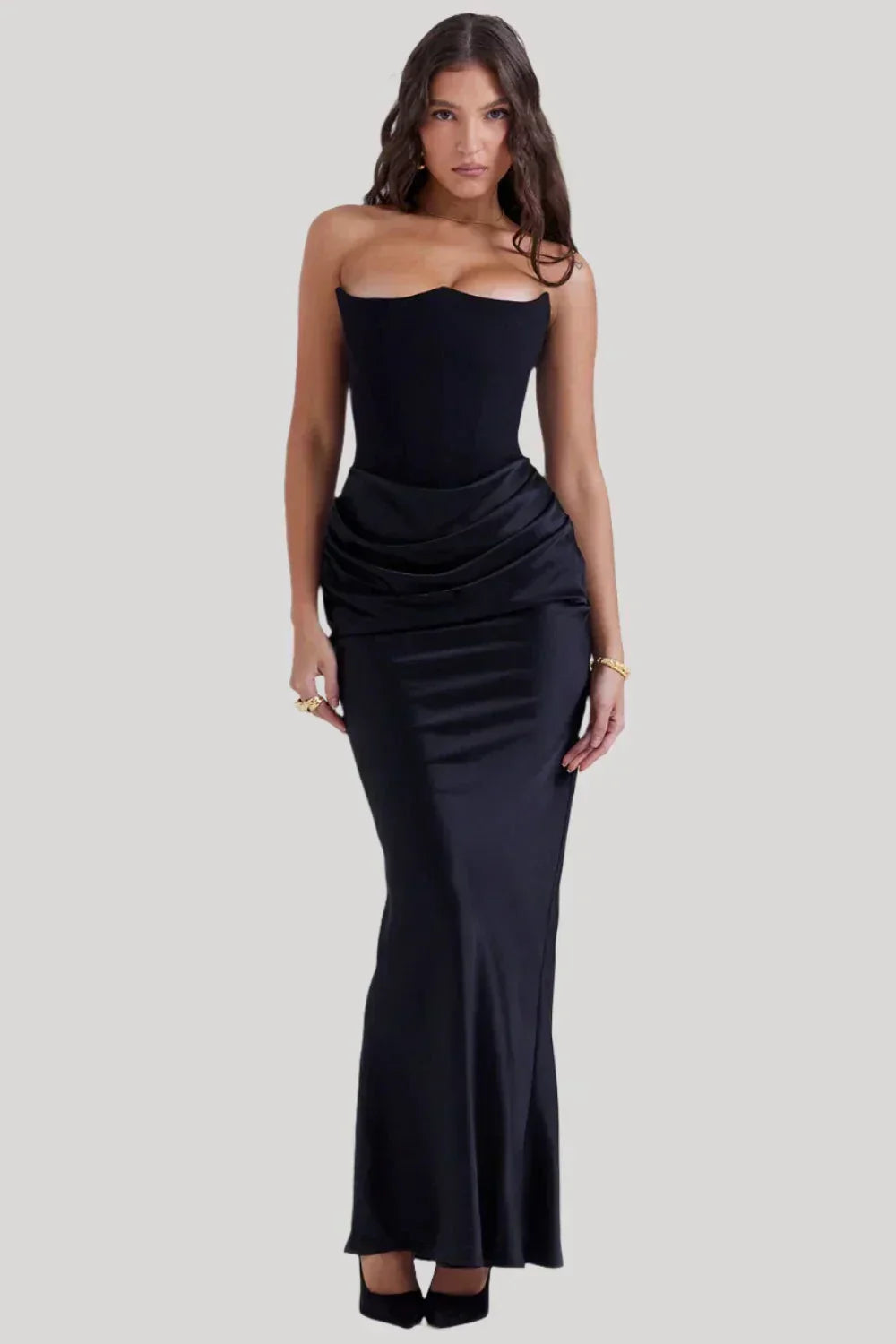 Women’s Maxi Dress – Strapless Draped Fit – Satin-Like Fabric – Formal Evening Wear