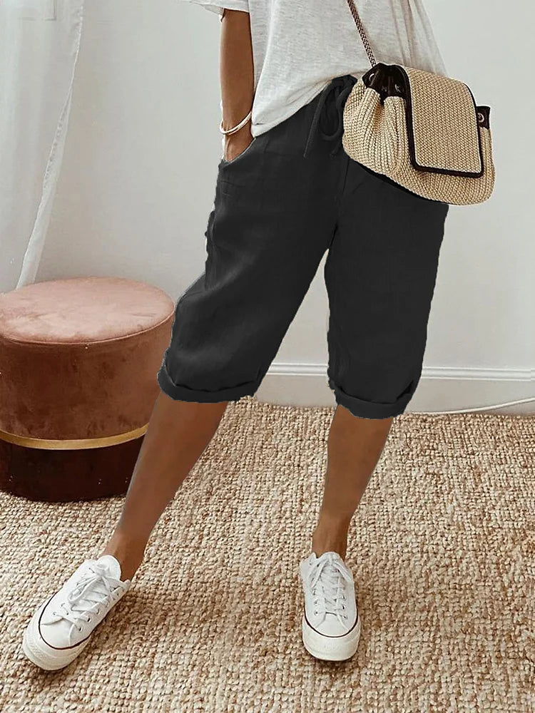 Women's Capri Trousers - Elastic Waist Drawstring - Relaxed Fit - Casual Lightweight