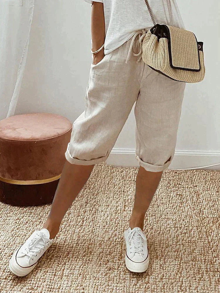 Women's Capri Trousers - Elastic Waist Drawstring - Relaxed Fit - Casual Lightweight