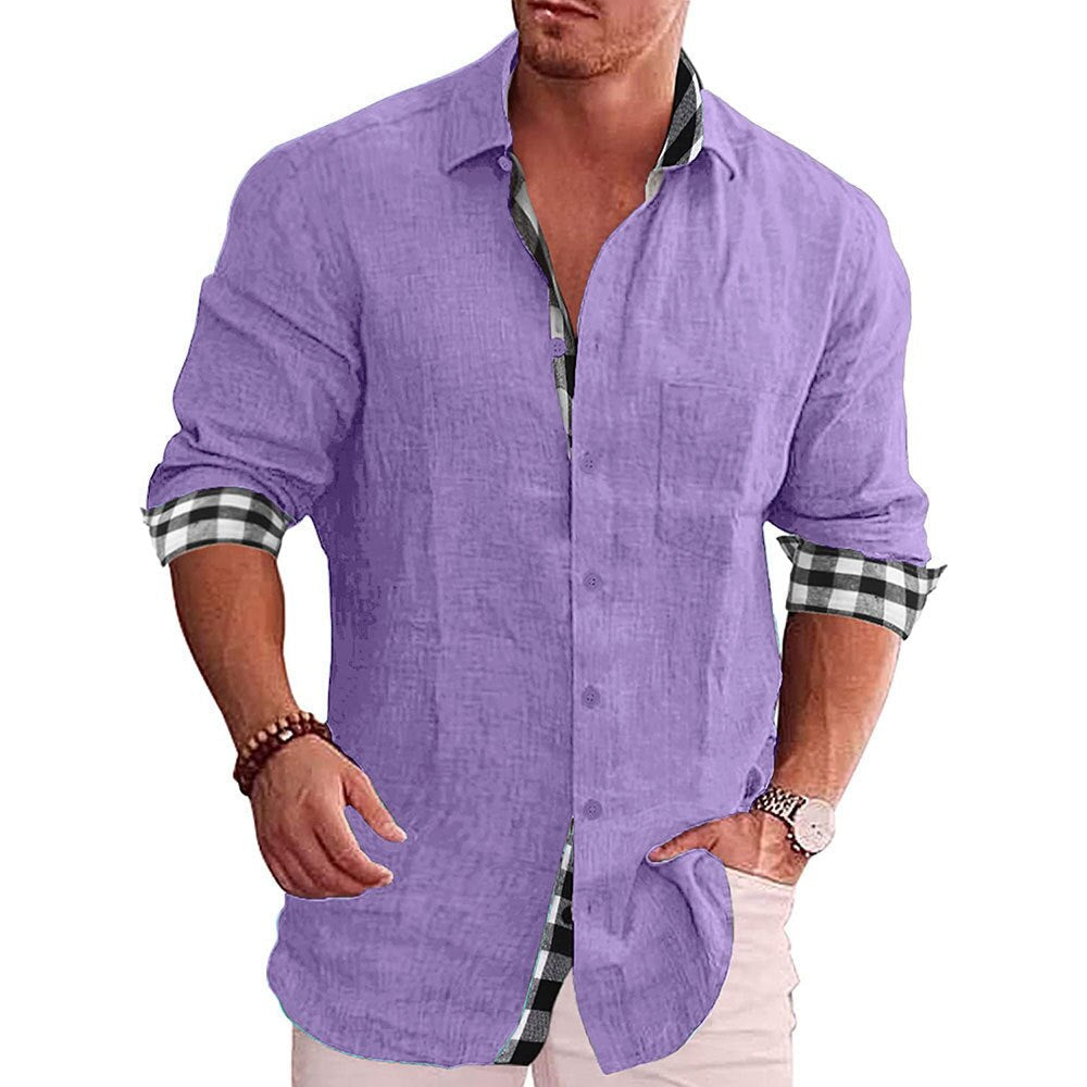Men’s Button-Up Shirt – Tailored Fit – Long Sleeve – Natural Fibers – Checked Trim