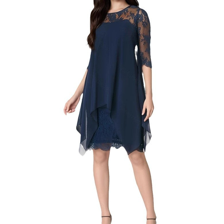 Women’s Chiffon Dress – A-Line Relaxed Fit – Lace Sleeves – Layered Midi Length
