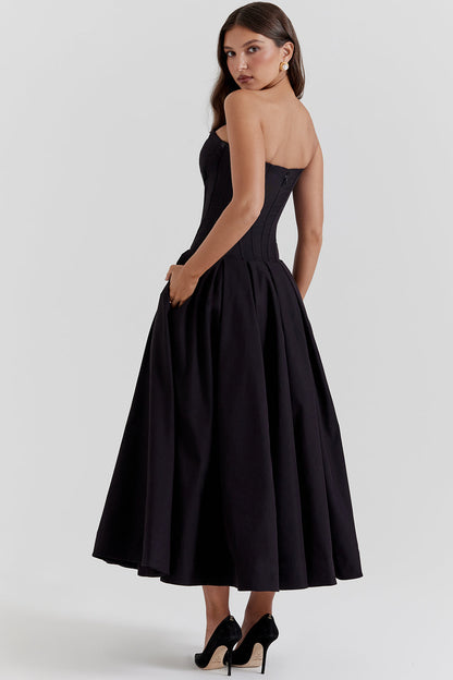 Women’s Strapless Midi Dress – Structured Bodice – A-Line Silhouette – Satin Feel