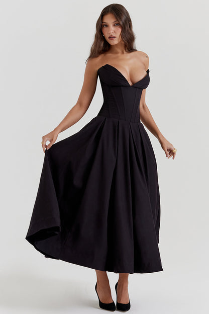 Women’s Strapless Midi Dress – Structured Bodice – A-Line Silhouette – Satin Feel