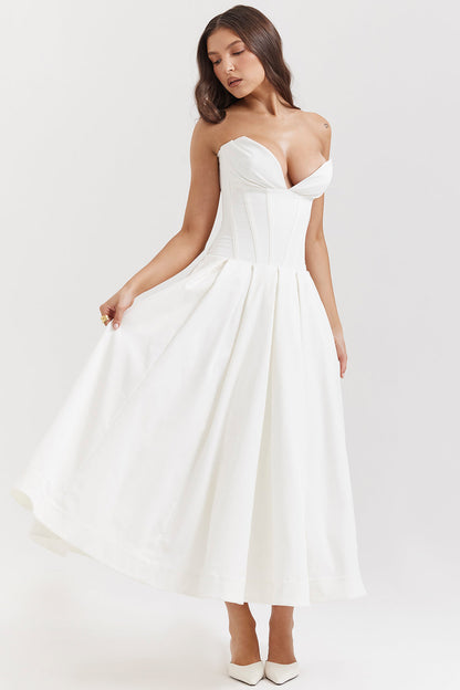 Women’s Strapless Midi Dress – Structured Bodice – A-Line Silhouette – Satin Feel