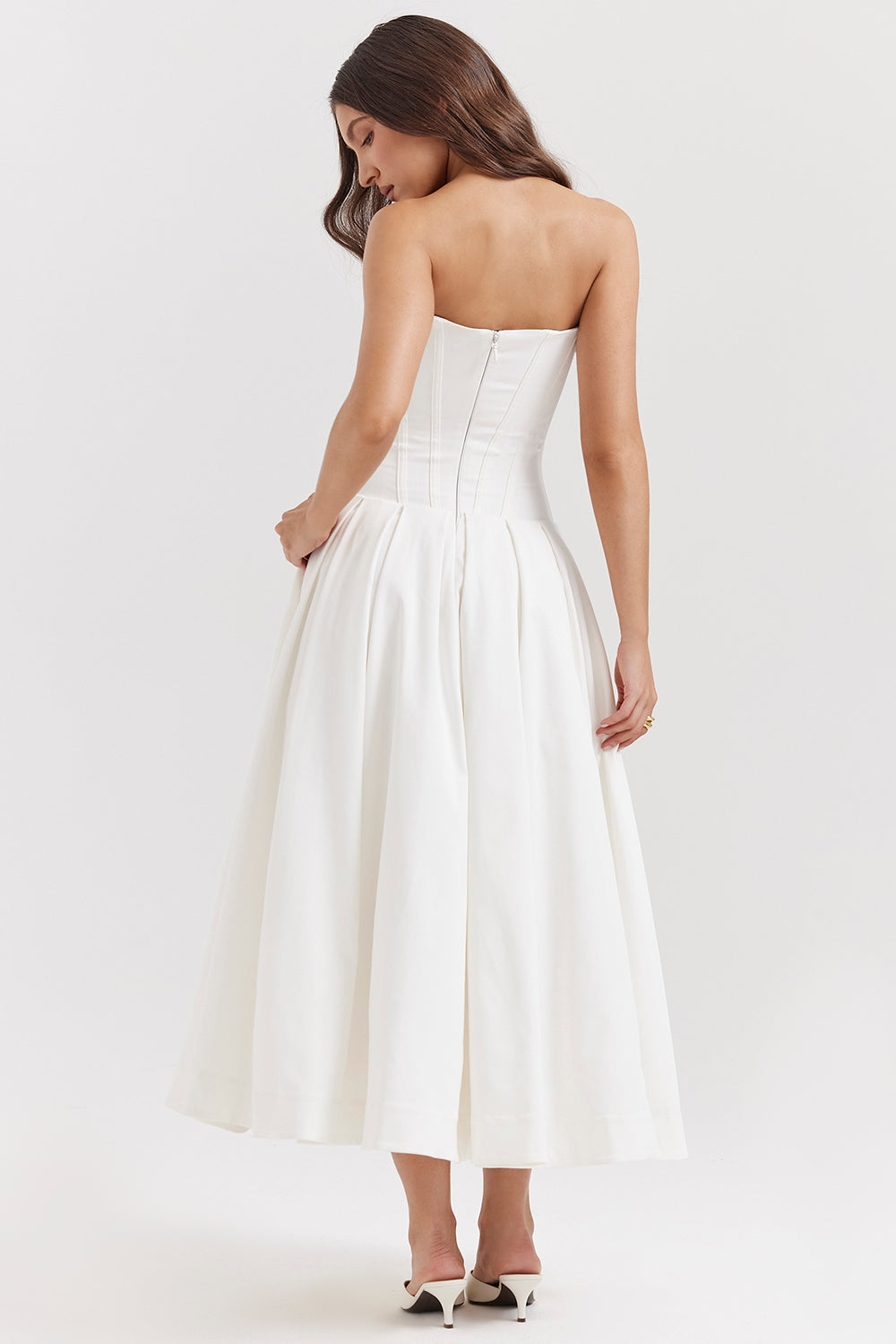 Women’s Strapless Midi Dress – Structured Bodice – A-Line Silhouette – Satin Feel